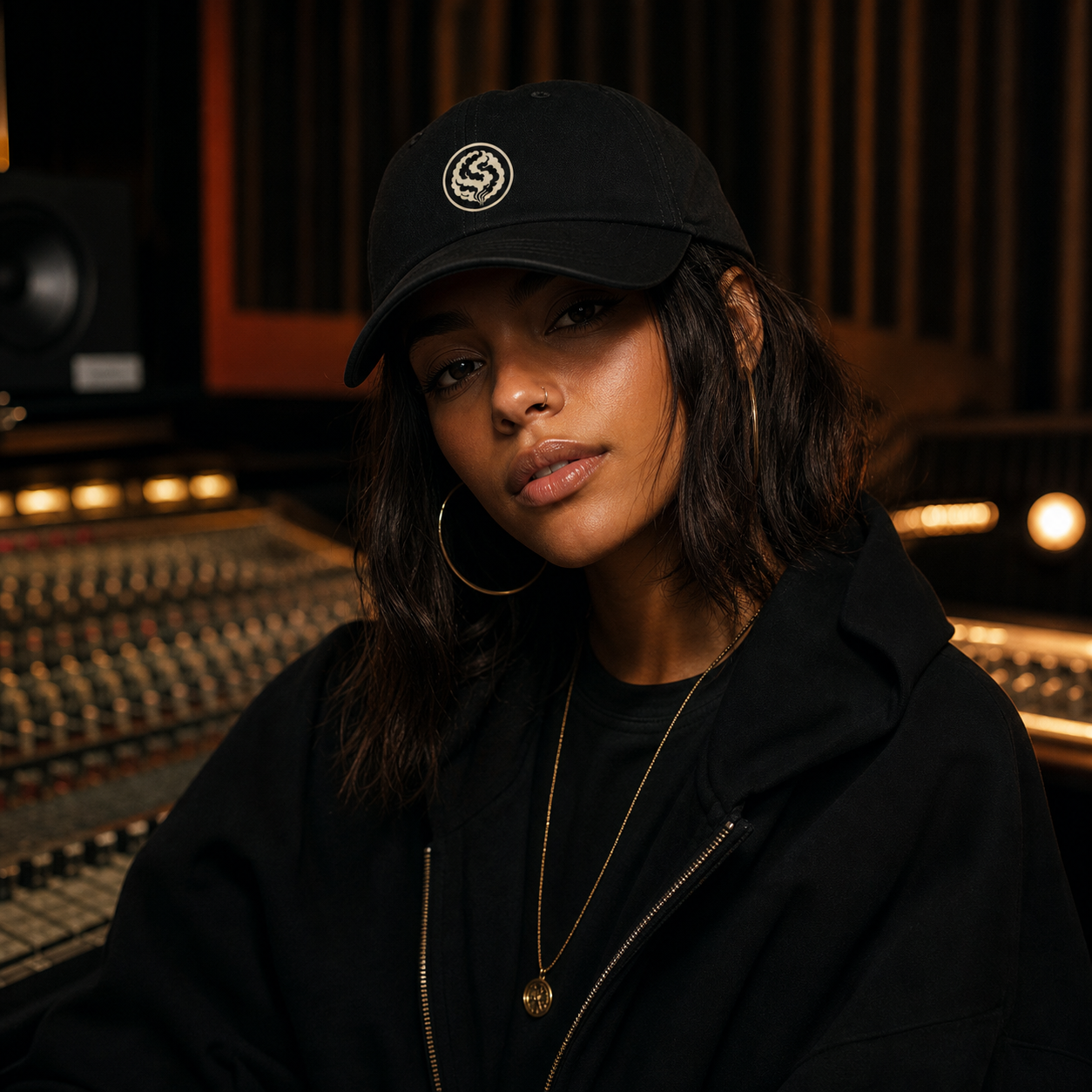 Female model wearing black Studio Sessions The Circle dad cap in a recording studio